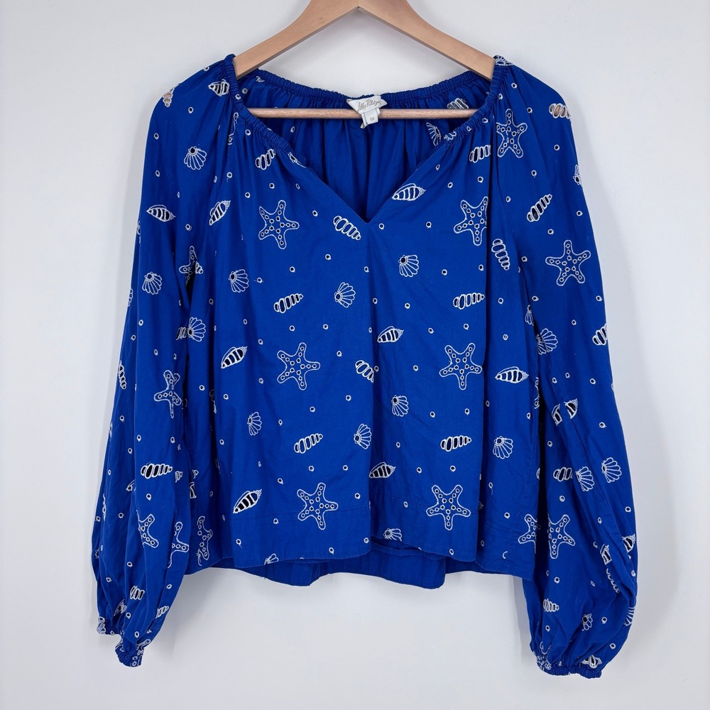 Lilly Pulitzer Maisha Eyelet Top Womens M Barton Blue Sea Shell Starfish Coastal